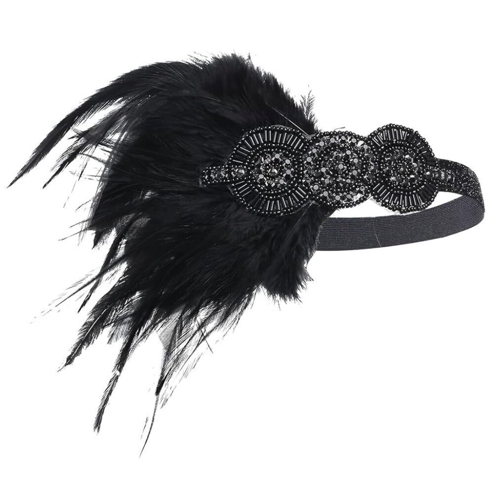 1920s Flapper Headpiece Feather Beaded Crystals Gatsby Hair Accessory